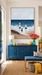 Original Hand Painted Seascape Artwork Featuring Children And Pet On Linen