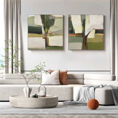 Set of 2 Large Abstract Modern Blue Square Original Tree Oil Paintings On Canvas Texture Wall Art Living Room Decor