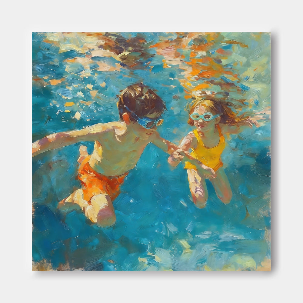 Vibrant Underwater Kids Swimming Art For Family Home Decor