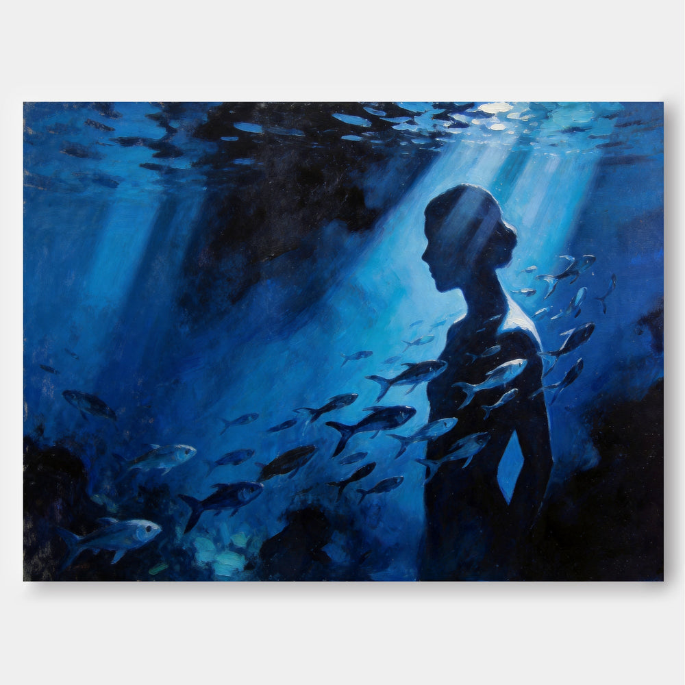 Underwater Surrealism Oil Painting With Female Silhouette And Fish For Modern Home Decor