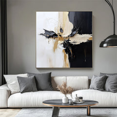 Crossroads of Serenity-Minimalist Black and White Abstract Art: Hand-Painted Oil on Canvas