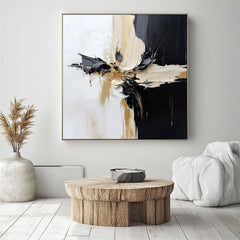 Crossroads of Serenity-Minimalist Black and White Abstract Art: Hand-Painted Oil on Canvas