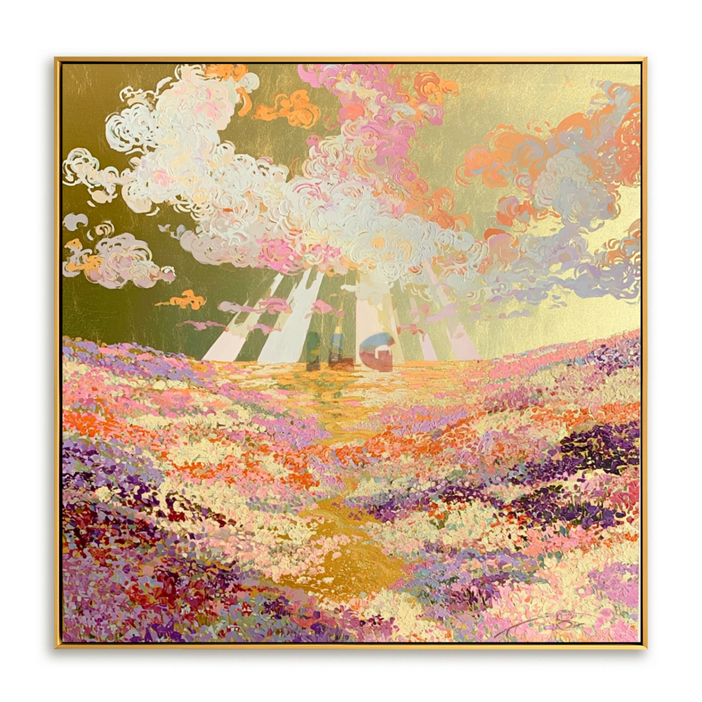Sunburst Blossom Valley – Colorful Floral Landscape Wall Art hand-painted wall art