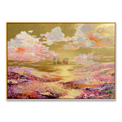 Golden Meadow Daydream – Colorful Floral Landscape Wall Art hand-painted wall art