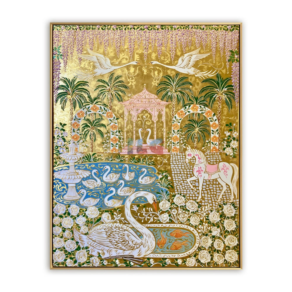Royal Swan Conservatory – Ornate Gold Botanical Wall Art hand-painted wall art