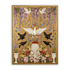 Crowned Dove Aviary – Ornate Gold Botanical Wall Art hand-painted wall art