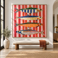 Coral Stripe Fish Quartet – Coastal Abstract Wall Art