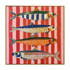 Coral Stripe Fish Quartet – Coastal Abstract Wall Art hand-painted wall art