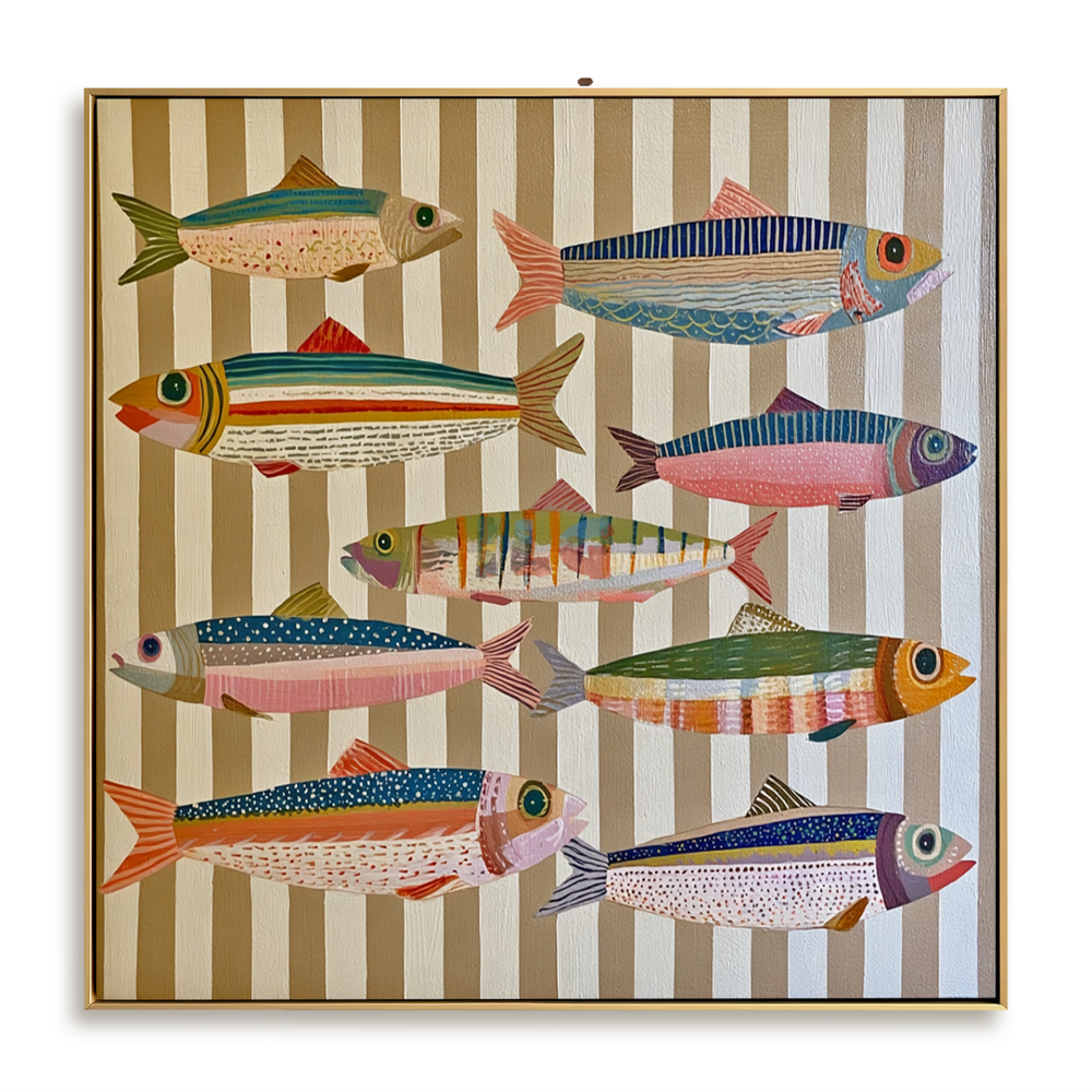 Harbor Stripe Fish Parade – Coastal Abstract Wall Art hand-painted wall art
