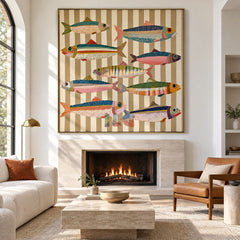 Harbor Stripe Fish Parade – Coastal Abstract Wall Art