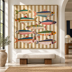 Harbor Stripe Fish Parade – Coastal Abstract Wall Art