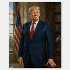 The 47th President oil painting, complete artwork on a light gray background