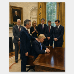 Oval Office Prayer oil painting, complete artwork on a light gray background