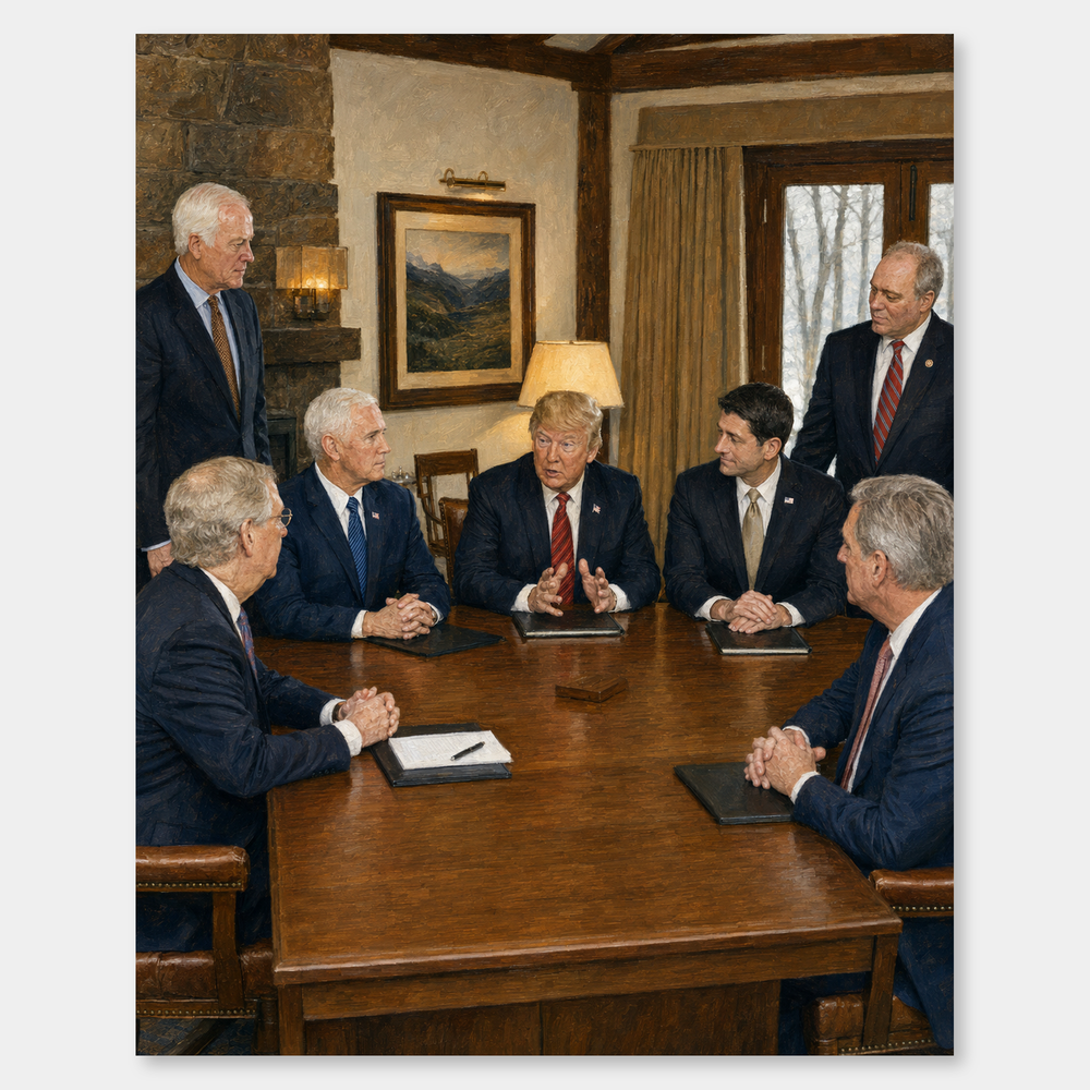 In the War Room oil painting, complete artwork on a light gray background