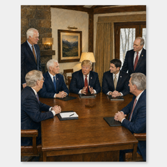 In the War Room oil painting, complete artwork on a light gray background