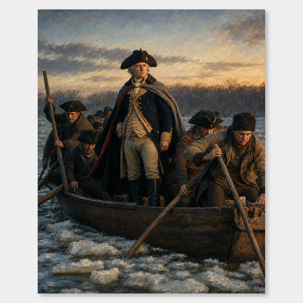 Washington Crossing the Delaware oil painting, complete artwork on a light gray background