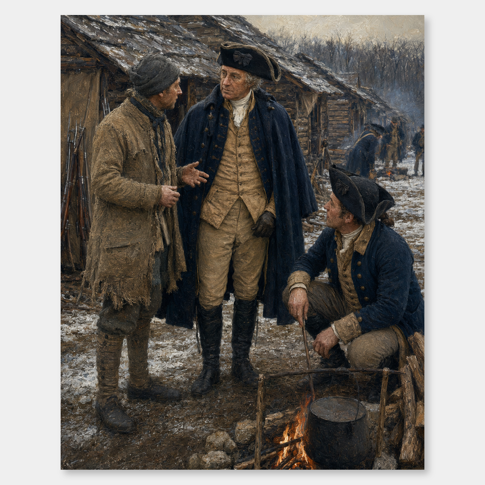 Winter at Valley Forge oil painting, complete artwork on a light gray background