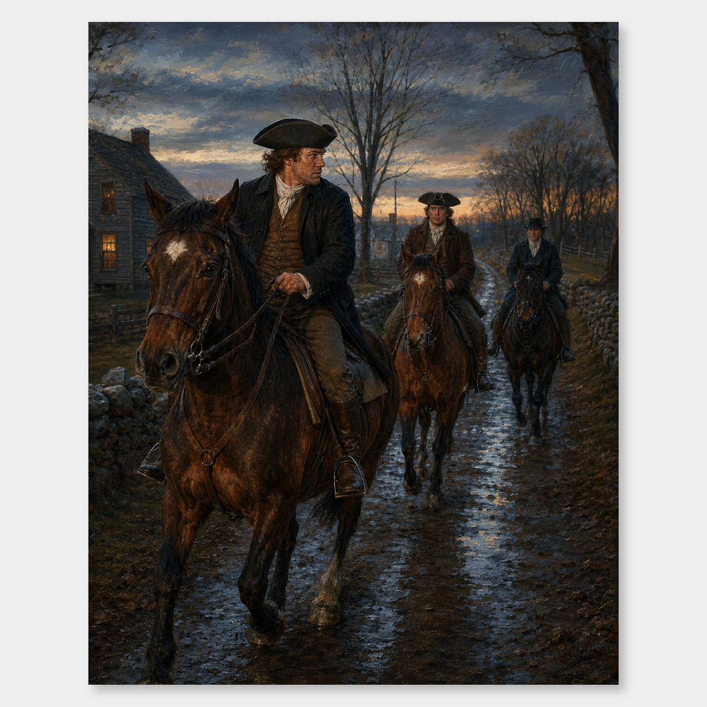 Paul Revere’s Midnight Ride oil painting, complete artwork on a light gray background