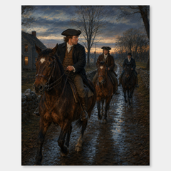 Paul Revere’s Midnight Ride oil painting, complete artwork on a light gray background