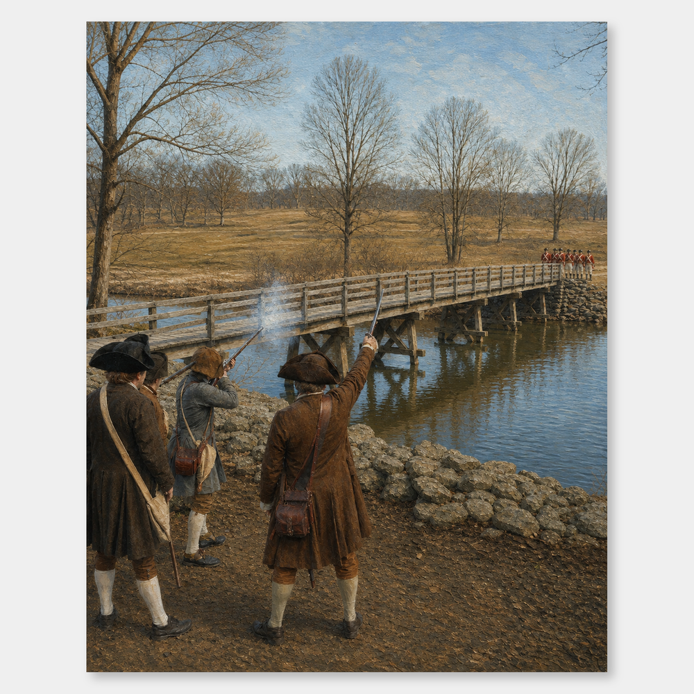 The Shot Heard Round the World oil painting, complete artwork on a light gray background