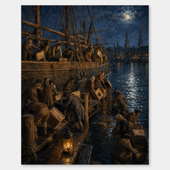 Boston Tea Party oil painting, complete artwork on a light gray background