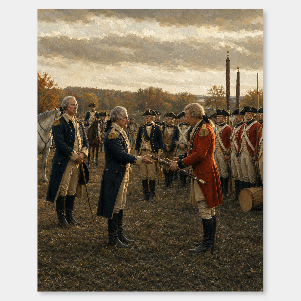 Victory at Yorktown oil painting, complete artwork on a light gray background
