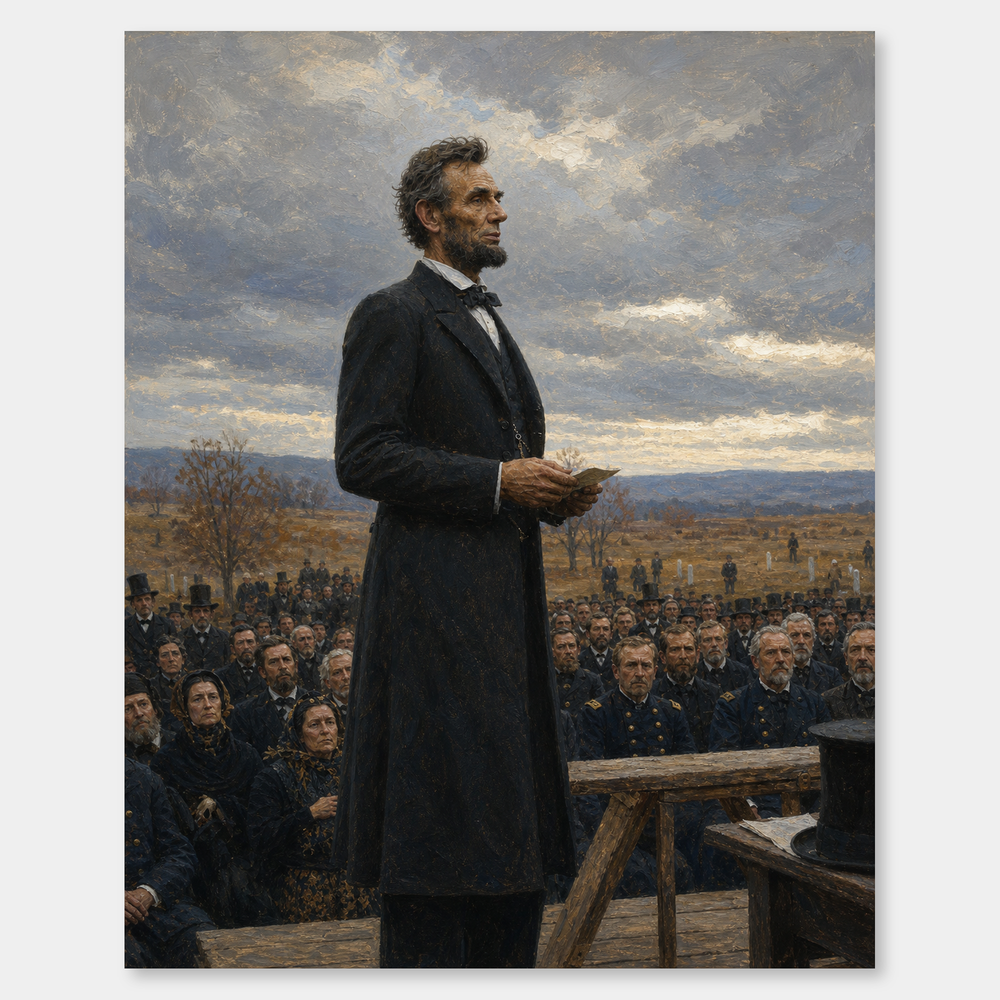 Lincoln at Gettysburg oil painting, complete artwork on a light gray background