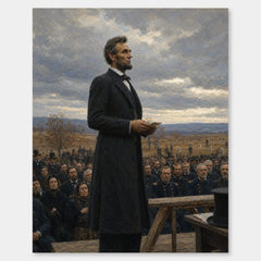 Lincoln at Gettysburg oil painting, complete artwork on a light gray background