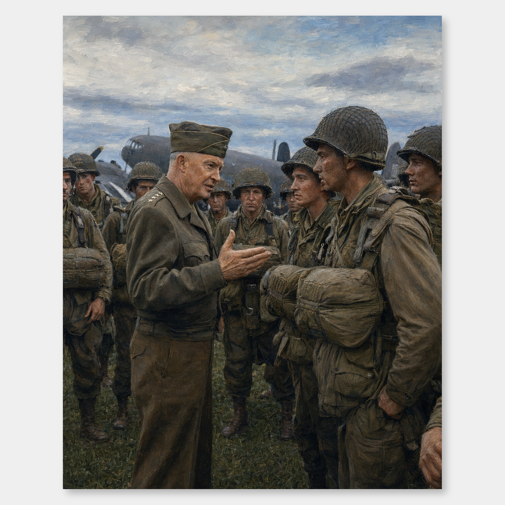 Eisenhower Before D-Day oil painting, complete artwork on a light gray background