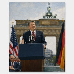 Reagan at the Berlin Wall oil painting, complete artwork on a light gray background