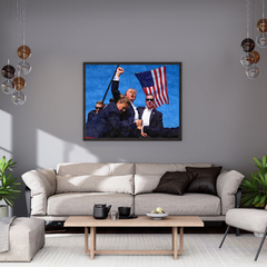 Donald Trump at Butler oil painting displayed in a gray living room