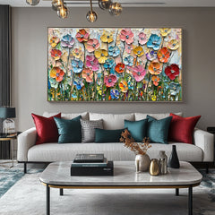 Blooming Meadow – Colorful Textured Floral Oil Painting for Living Room Decor