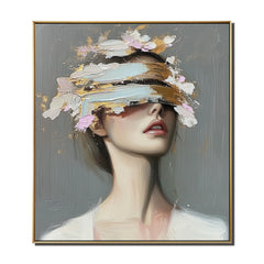 Veiled Perception – Woman with Blindfold Eye Cover, Gold Pink Brushstrokes Contemporary Oil Painting