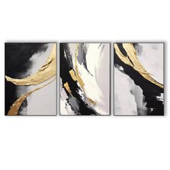 Golden Harmony: Large Abstract Triptych Wall Art: Gold & Black Textured Canvas Paintings