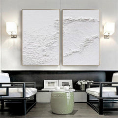 Frosted Tides – Set of 2 Minimalist White Textured Abstract Oil Paintings