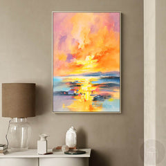Large Sunset Painting Canvas Abstract Modern Wall Art Sunset Acrylic Painting Living Room