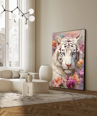 Textured White Tiger Oil Painting Impressionist Flowers And Tiger Canvas Wall Art Modern Animal Oil Painting Framed Living Room Decor