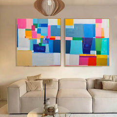 Set of 2 Minimalist Abstract Oil Paintings Contemporary Geometry Canvas Wall Art Home Decor