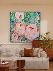 Square Large Abstract Flowers Art Flowers Acrylic Painting Canvas Original Floral Artwork For Living Room