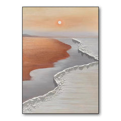 Textured Coastal Sunset Oil Painting – Neutral Toned Seaside Landscape 3D Wave Contemporary art