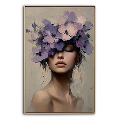Floral Veil-Textured Oil Painting of Woman with Purple Floral Headpiece