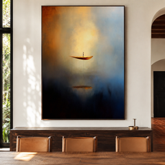 Ascend in Silence – Surreal Abstract Boat Painting Floating Man Dreamlike Wall Art