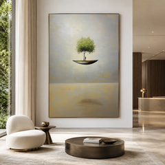 Sanctuary Afloat – Surreal Floating Tree Painting Conceptual Dreamlike Wall Art