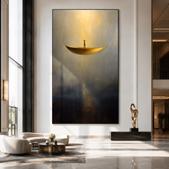 Silent Descent – Surreal Floating Boat Painting Minimalist Conceptual Wall Art