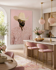 Modern Cowboy Portrait Painting Pink Textured Wall Art For Living Room Decor