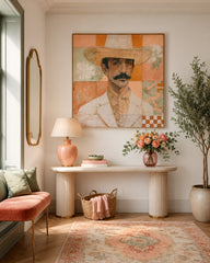 Square Format Portrait Artwork With Checkered And Floral Motifs For Wall Decoration