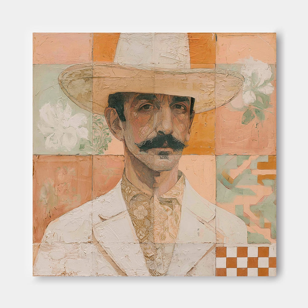 Square Format Portrait Artwork With Checkered And Floral Motifs For Wall Decoration