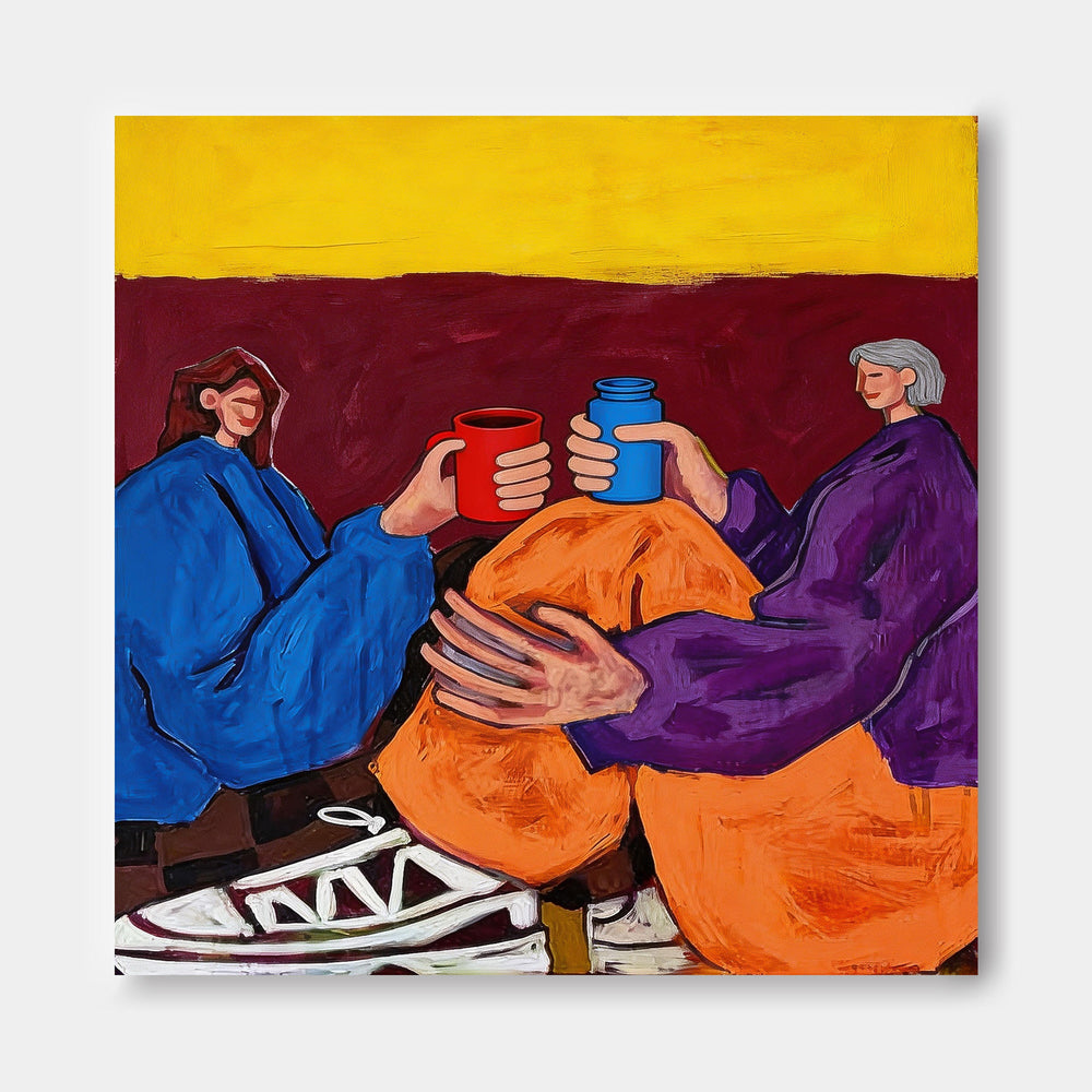 Unique Best Friends Gift Idea Square Canvas Painting Of Two Women Toasting With Mugs And Bottles