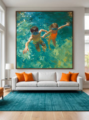 Vibrant Kids Swimming Oil Painting For Modern Family Living Room Decor