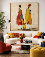 Abstract People Painting With Dog Warm Tones Textured Canvas Wall Art For Living Room Decor